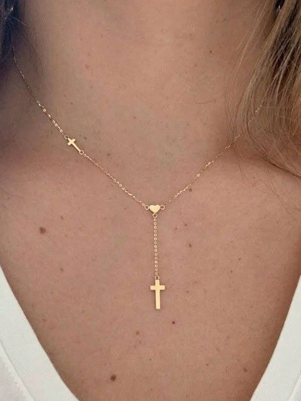 Gold Cross Lariat Necklace with Heart Accent - Women Jewelry